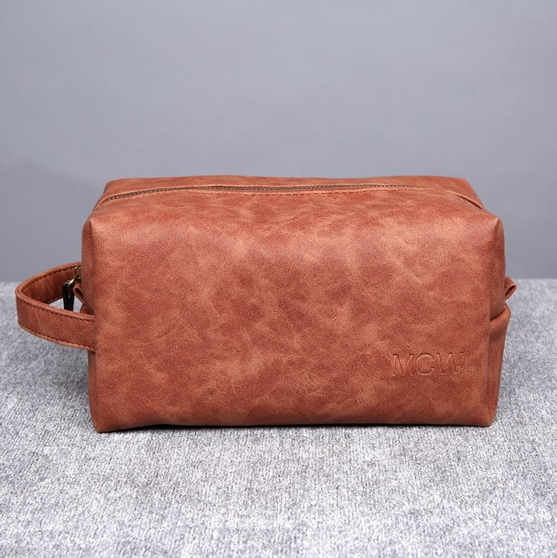 Personalized Brown Leather Wash Bag