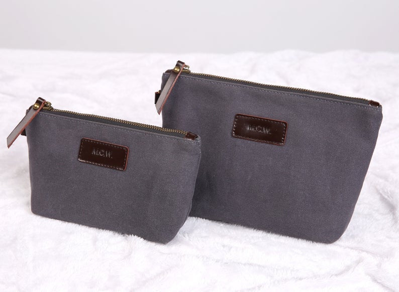 Personalized Waxed Canvas & Leather Handmade Makeup Bag Grey Color